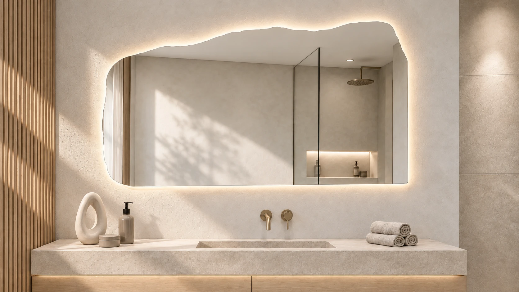 Wide LITHOS mirror with an irregular upper edge and soft backlighting, above a stone basin in directional daylight.