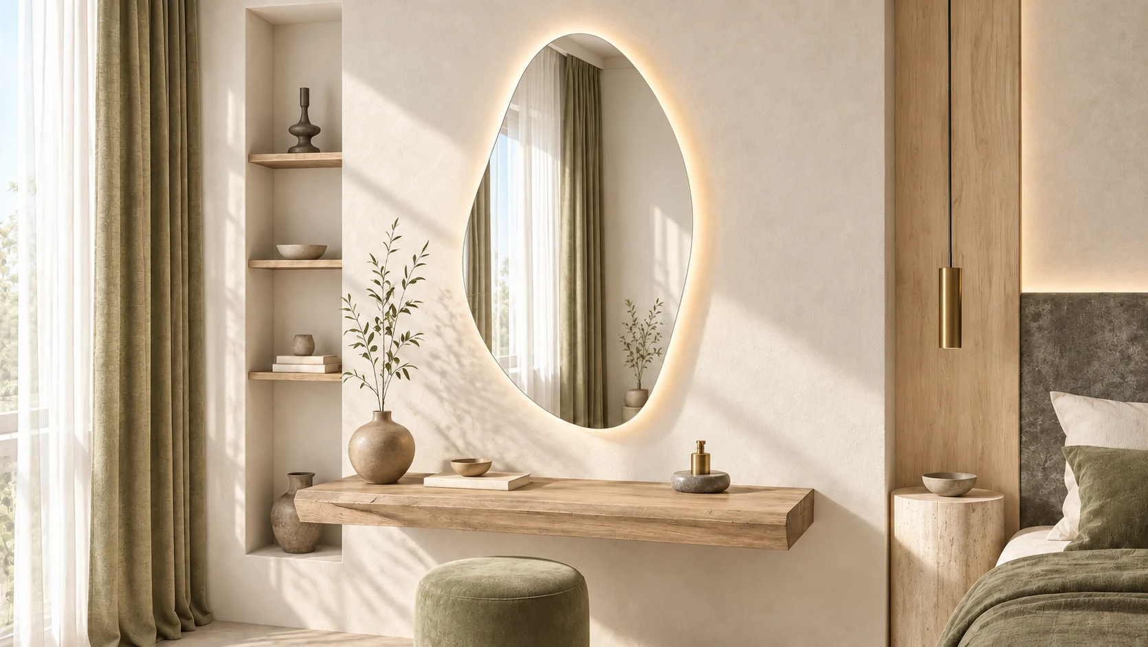 Organic asymmetrical mirror above a timber console, with daylight entering through the left window.