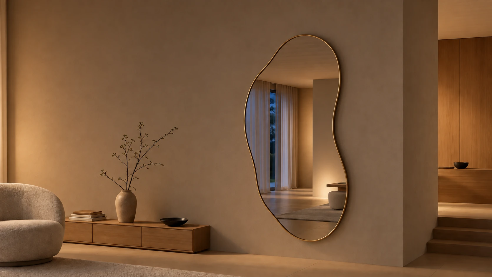 Aster with its asymmetric outline and slim brass frame, softly lit in the evening beside a low wooden cabinet, reflecting a curtained room at dusk.