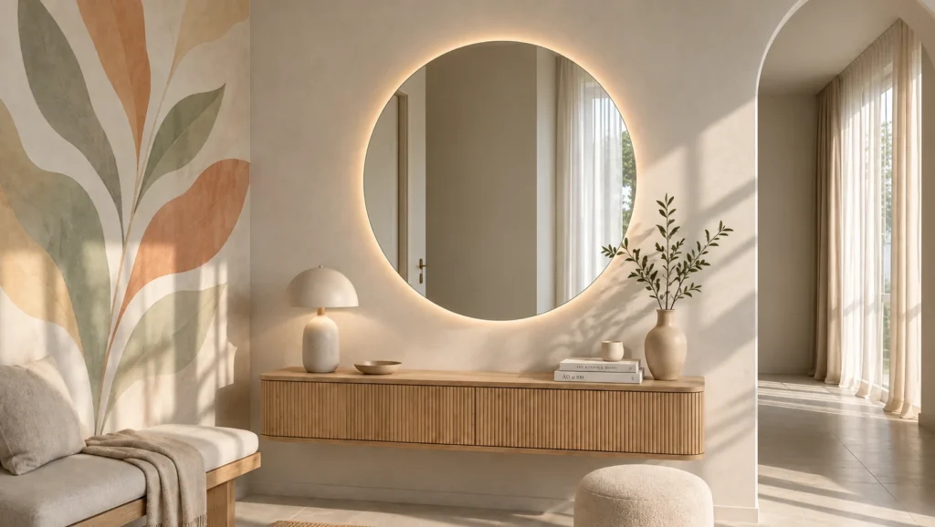 The Circle backlit mirror lit above a floating fluted oak console in a plaster living room, with a mushroom lamp, an olive branch and an arched doorway beside it