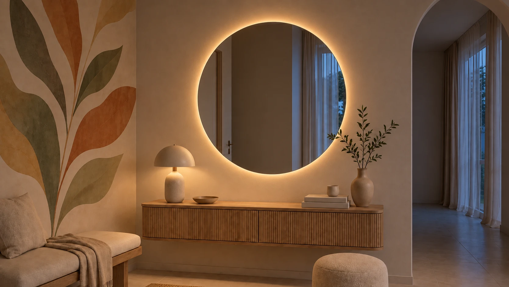 Circle mirror at dusk, its original warm halo outlining the glass while the room and reflection remain visible.