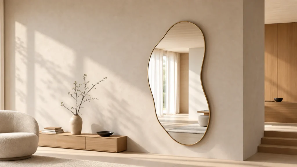 Aster mirror with a slim brass frame, reflecting a bright adjoining room as daylight crosses the plaster wall.