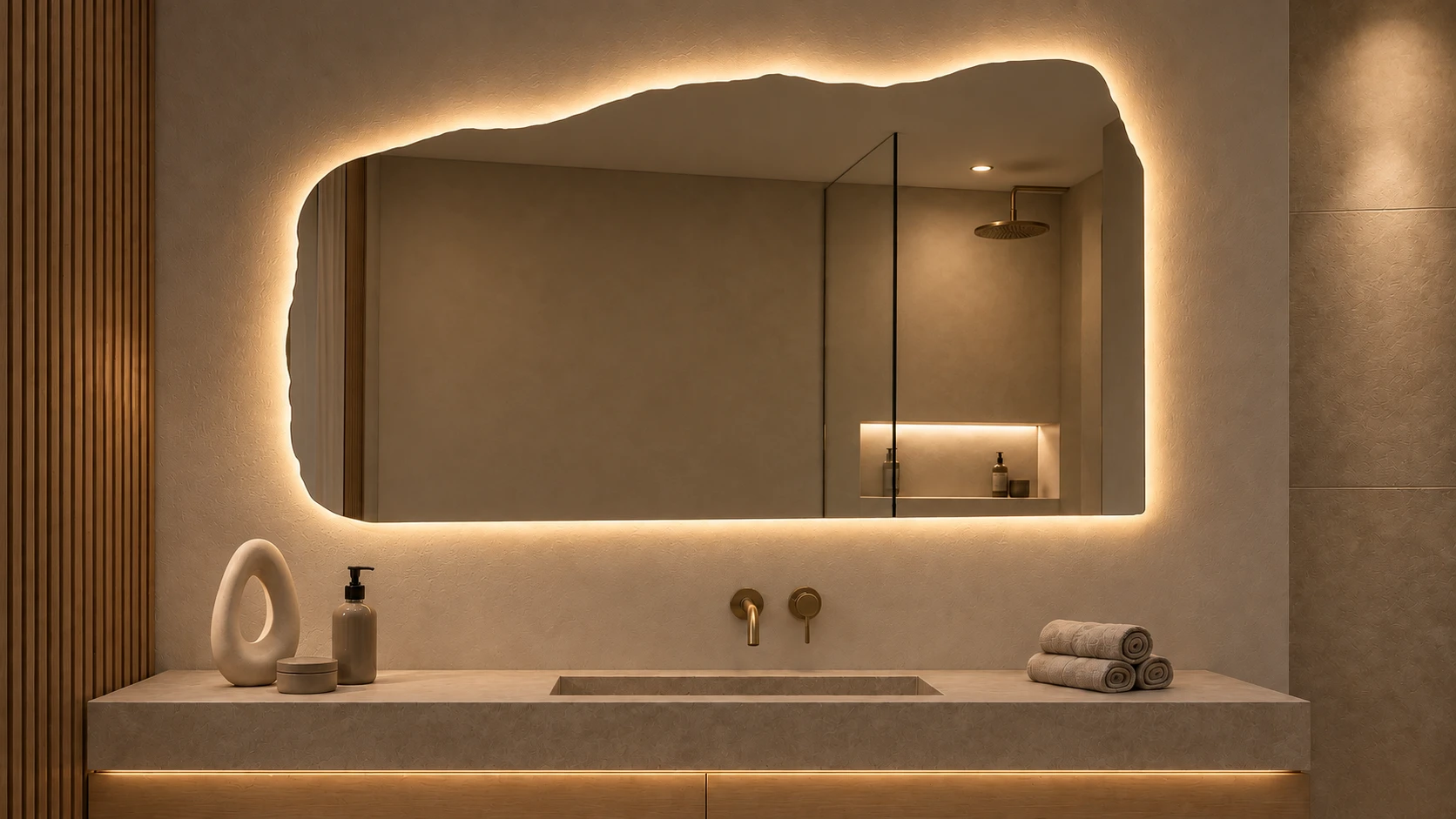 LITHOS with its wide frameless outline and irregular upper edge, softly backlit above a stone basin, with a pale ceramic ring sculpture and rolled towels in warm evening light.