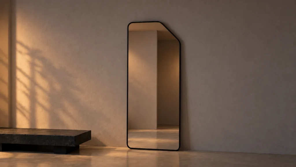 Onda mirror in soft evening side light, with a clearly defined frame and an illuminated adjoining space in its reflection.
