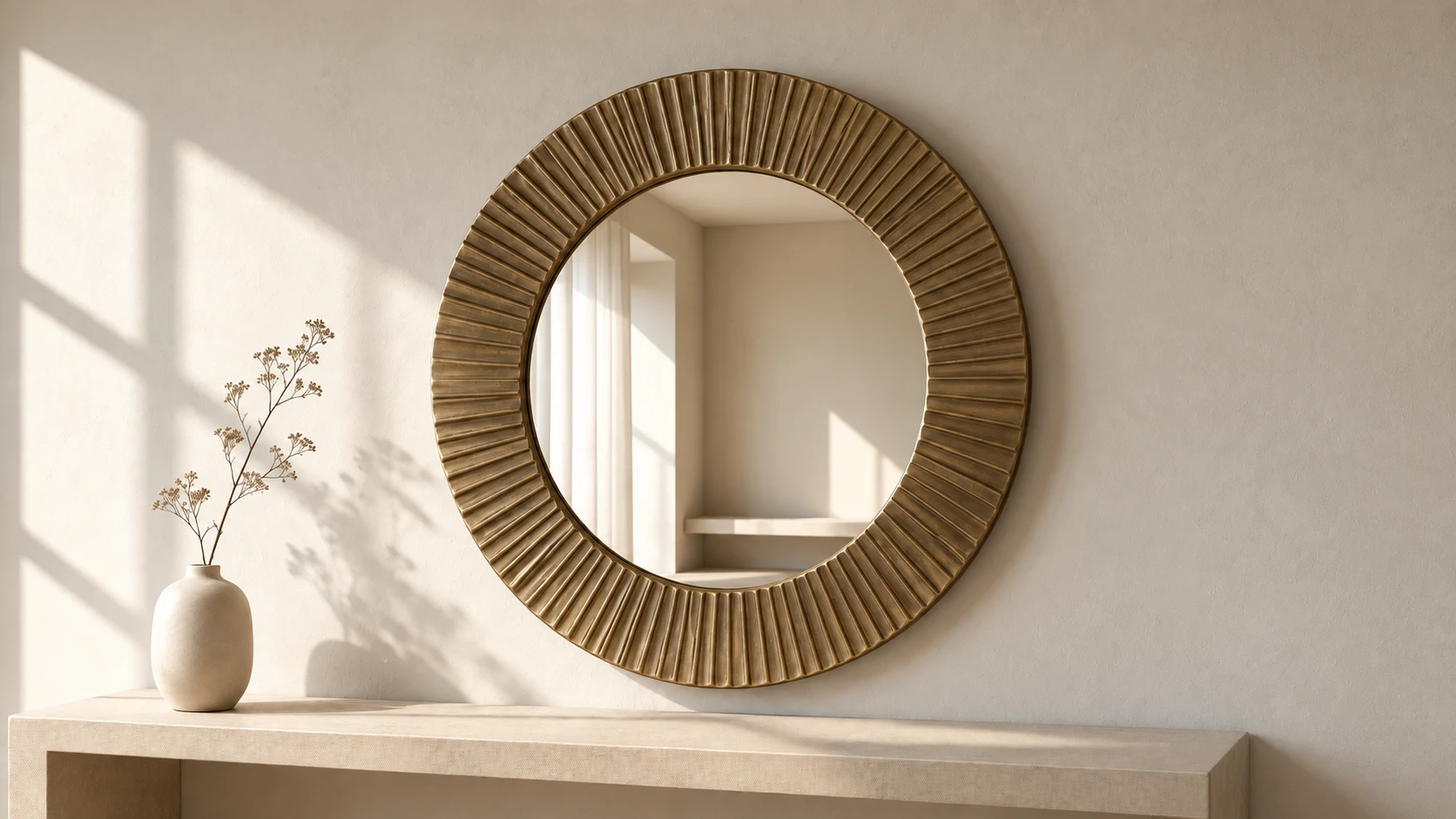 Orbit round mirror with a sculpted frame above a console in a softly lit interior