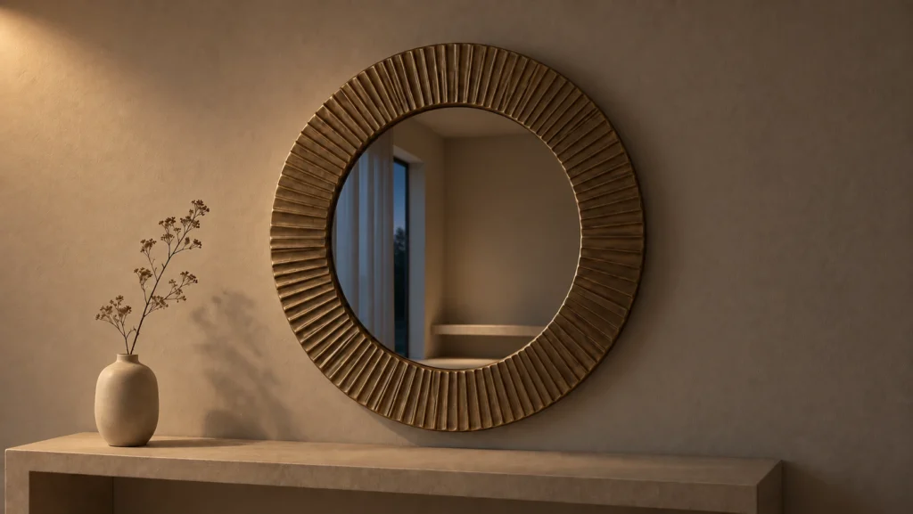 Orbit mirror with its broad fluted frame lit softly from the side, reflecting an adjoining room at dusk above a stone console.