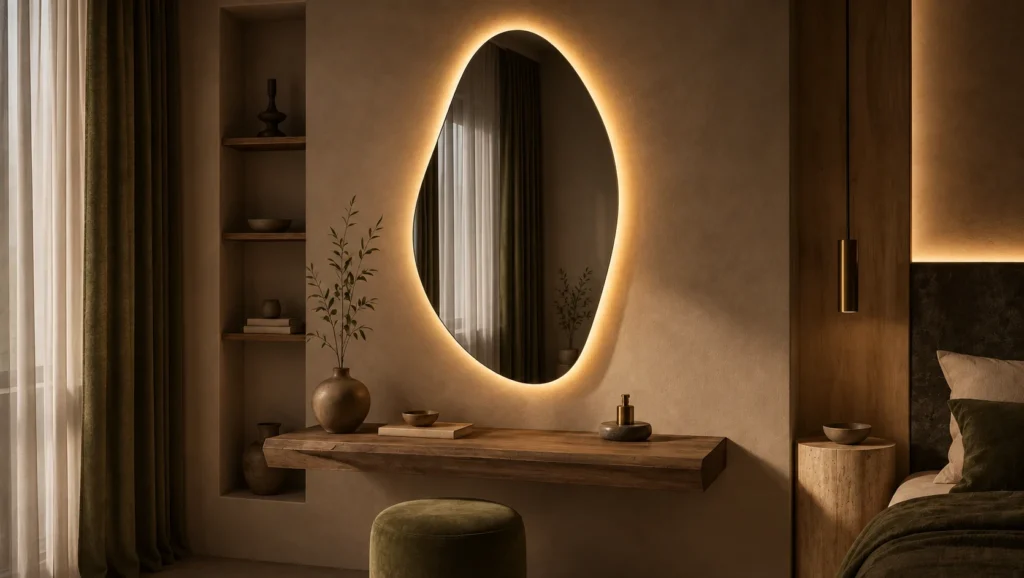 The Organic backlit mirror, an asymmetric contour, lit above a rough oak shelf in a bedroom with olive curtains, a shelved niche beside it and a window held in the reflection