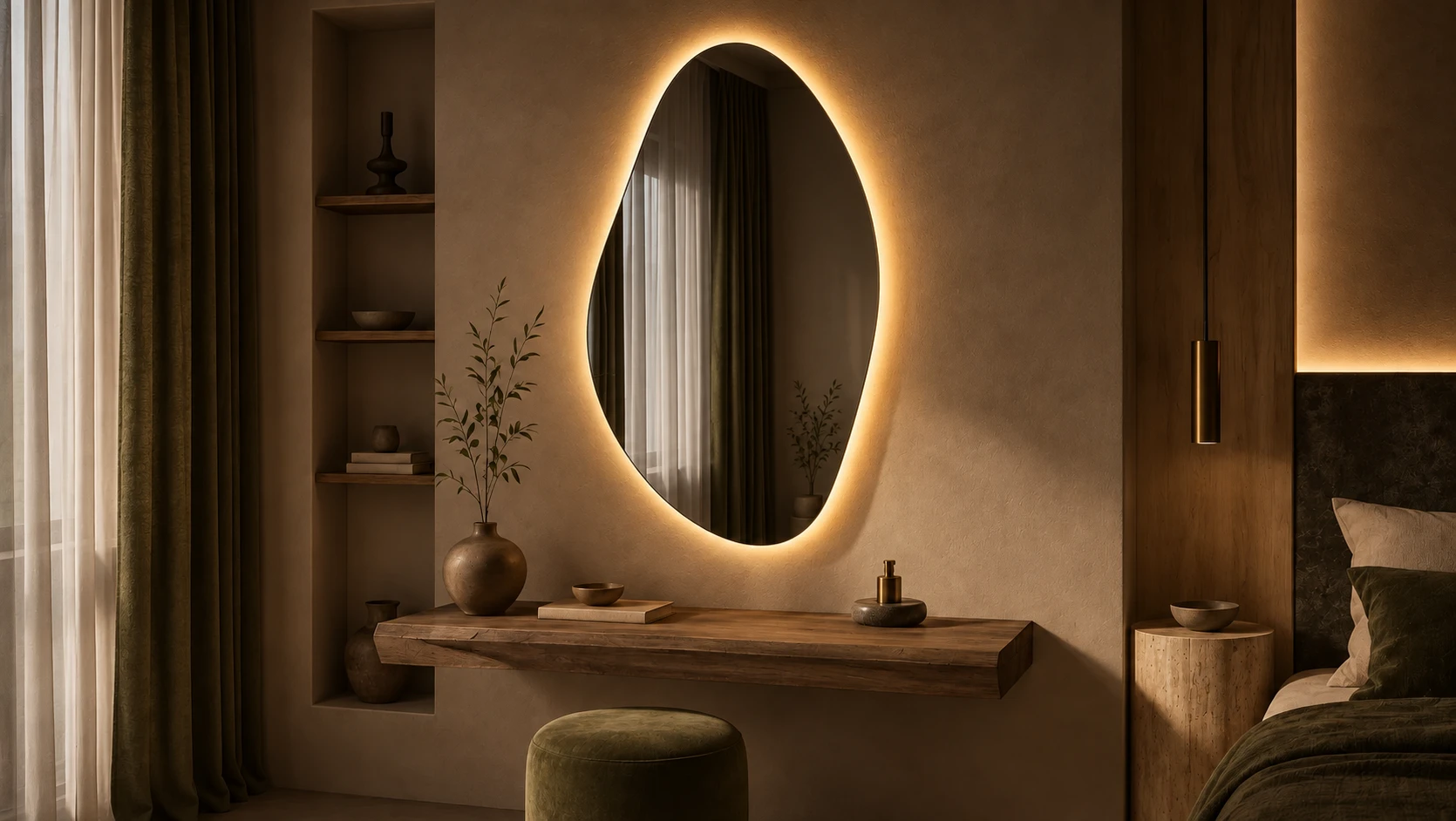 The Organic backlit mirror, an asymmetric contour, lit above a rough oak shelf in a bedroom with olive curtains, a shelved niche beside it and a window held in the reflection