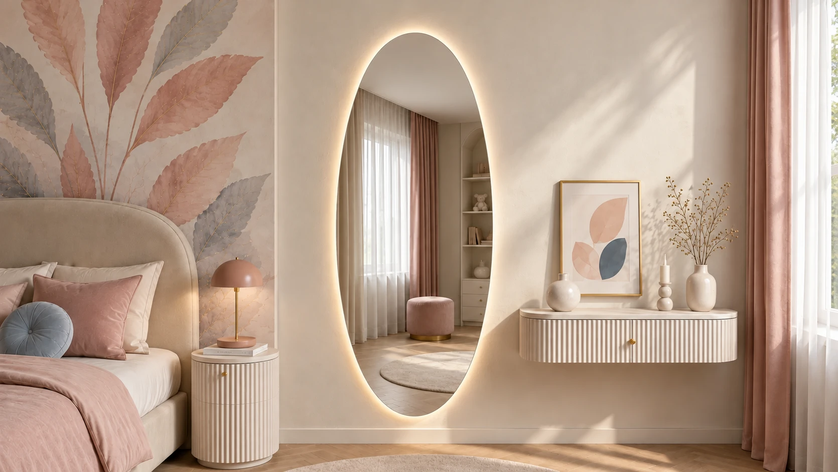 The Oval backlit mirror, an upright ellipse, lit on a plaster wall beside a floating fluted dresser in a blush bedroom, reflecting a curtained window and a stool