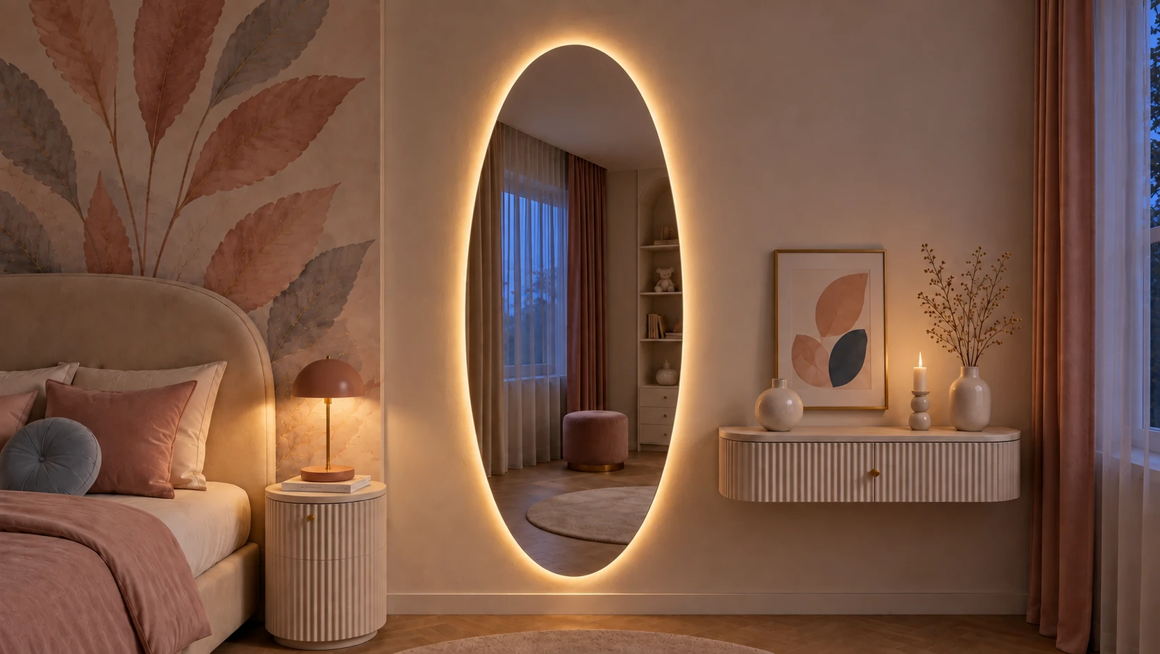 Oval mirror at dusk, its original warm halo outlining the glass while the room and reflection remain visible.