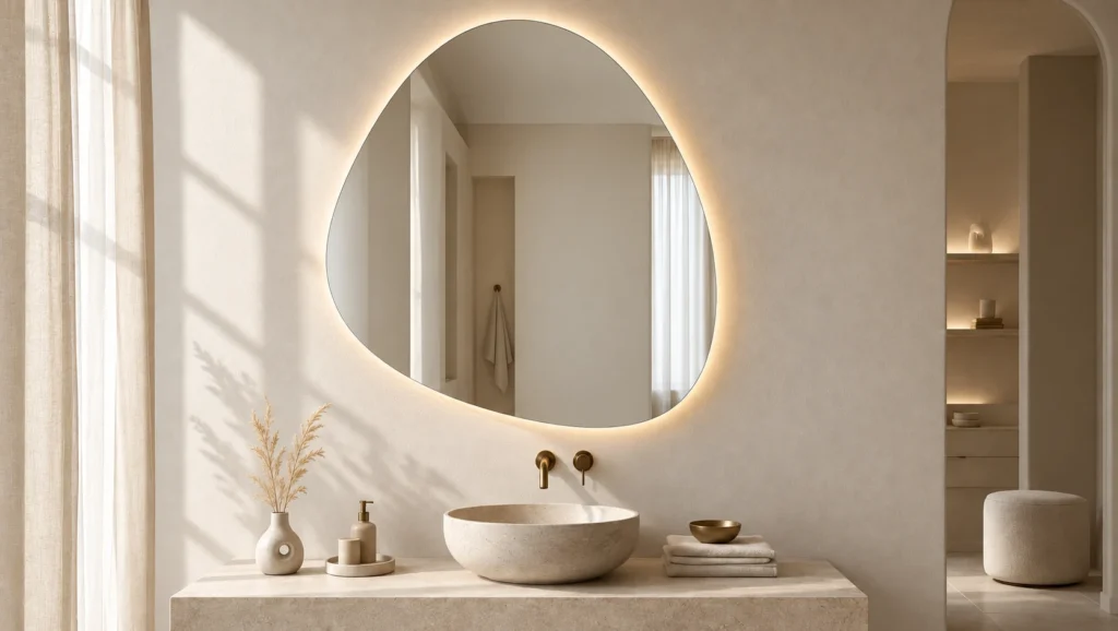 The Pebble backlit mirror, a rounded contour, lit above a travertine vanity with a stone basin, with an arched doorway and lit niches beyond
