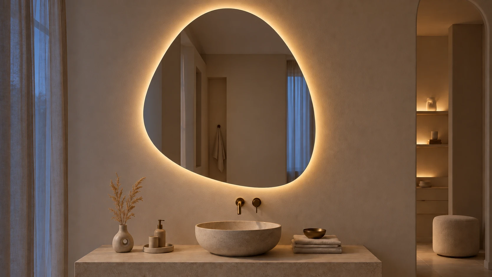 Pebble mirror at dusk, its original warm halo outlining the glass while the room and reflection remain visible.