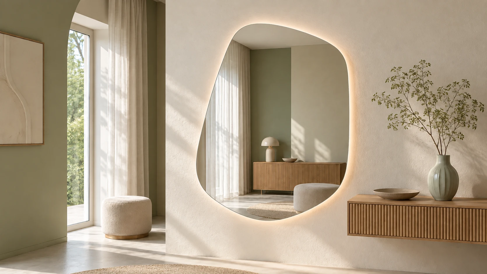 The Quad backlit mirror, a four-sided organic form, lit on a plaster wall beside a floating oak console, reflecting a curtained window, a sideboard and a stool