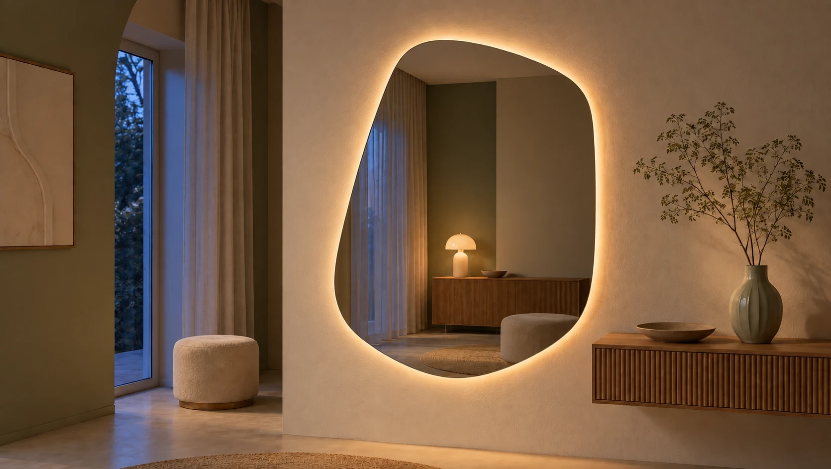 Quad mirror at dusk, its original warm halo outlining the glass while the room and reflection remain visible.