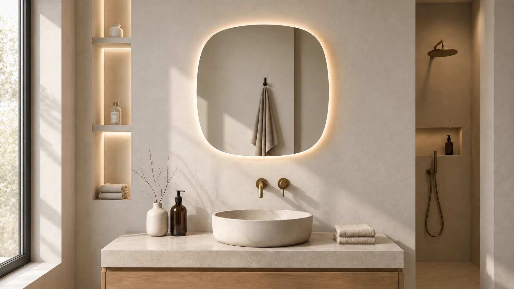 The Squircle backlit mirror, a rounded square, lit above a stone basin and oak vanity in a plaster bathroom, with a hanging towel held in the reflection