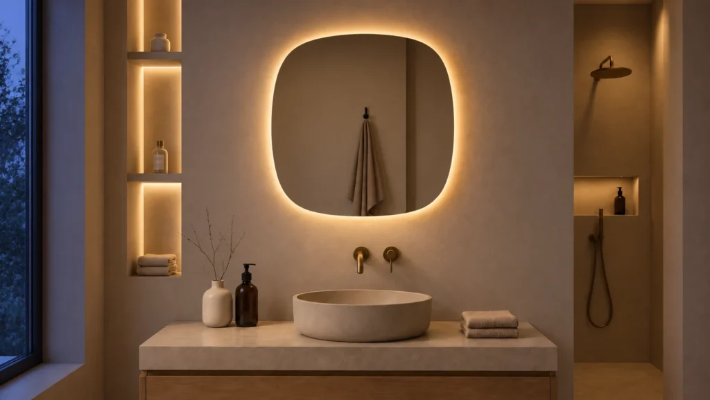 Squircle mirror at dusk, its original warm halo outlining the glass while the room and reflection remain visible.