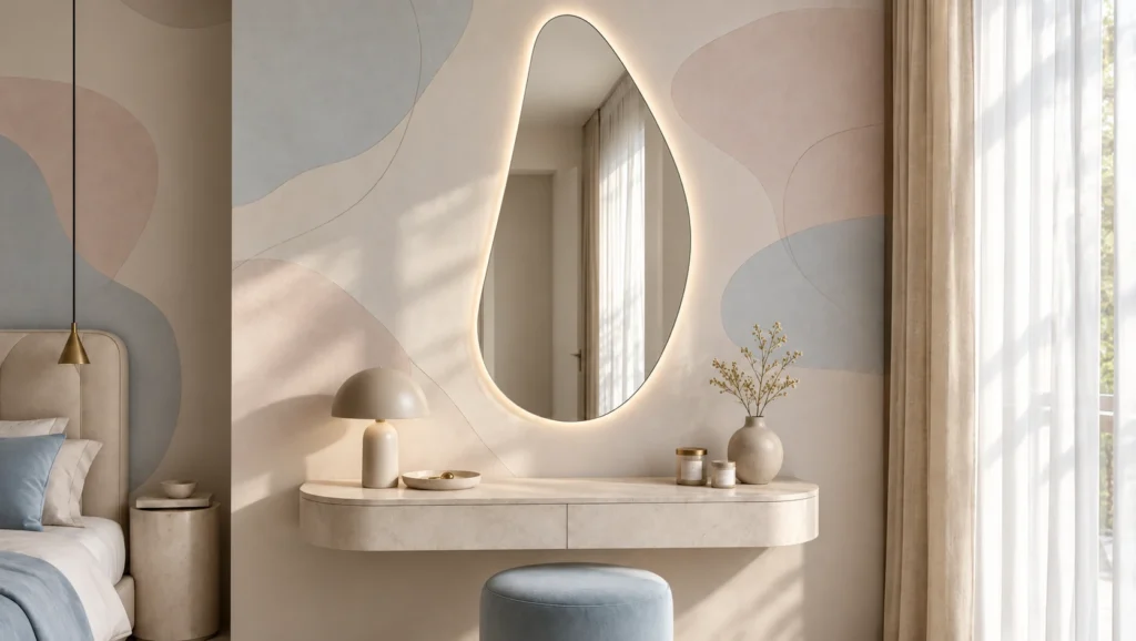 The Tear Drop backlit mirror lit above a floating stone dressing table in a bedroom, with a curtained window held in the reflection