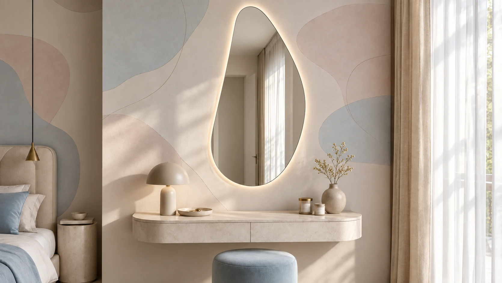 The Tear Drop backlit mirror lit above a floating stone dressing table in a bedroom, with a curtained window held in the reflection
