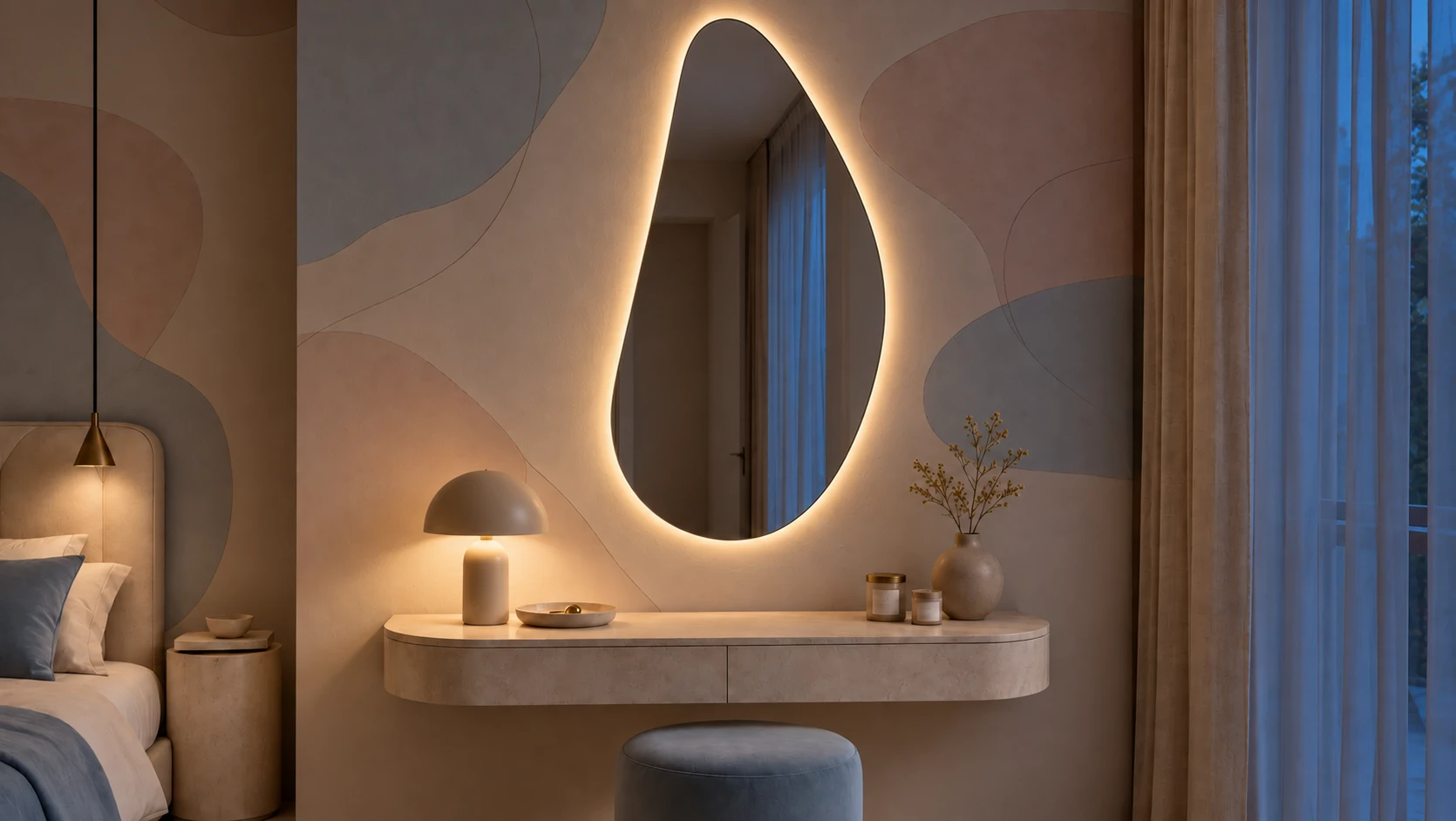 Tear Drop mirror at dusk, its original warm halo outlining the glass while the room and reflection remain visible.