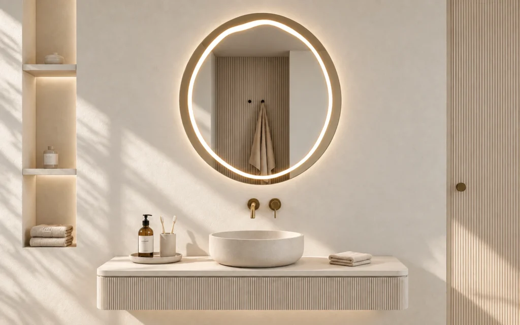 TRACE circular illuminated mirror above a pale stone basin in a bright mineral room.