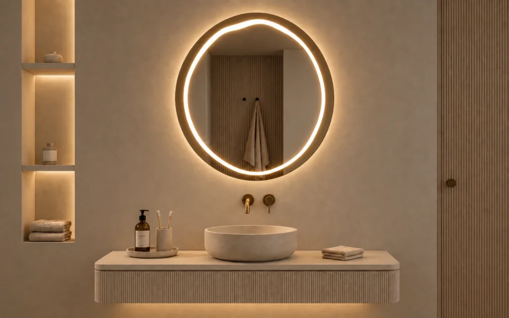 TRACE with its irregular rounded contour and warm inset LED line above a stone basin, with recessed shelves at left and a fluted door at right in soft evening light.