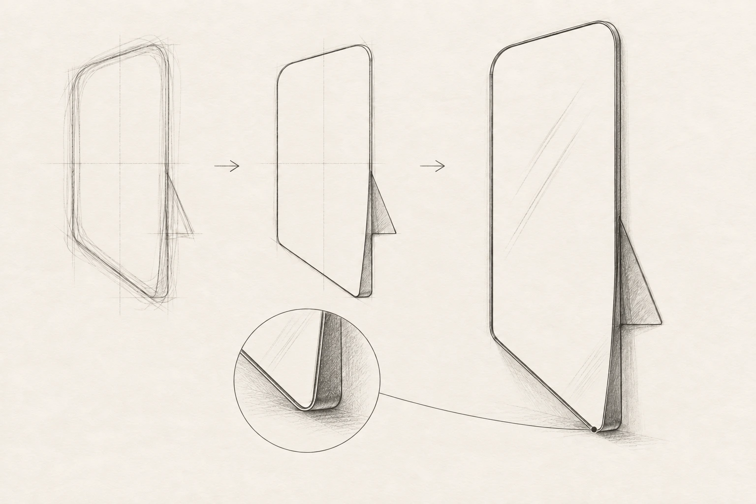 VELA in three pencil stages, from exploratory contours to the finished form, with an enlarged view of the lower-right tip and folded rear plane.